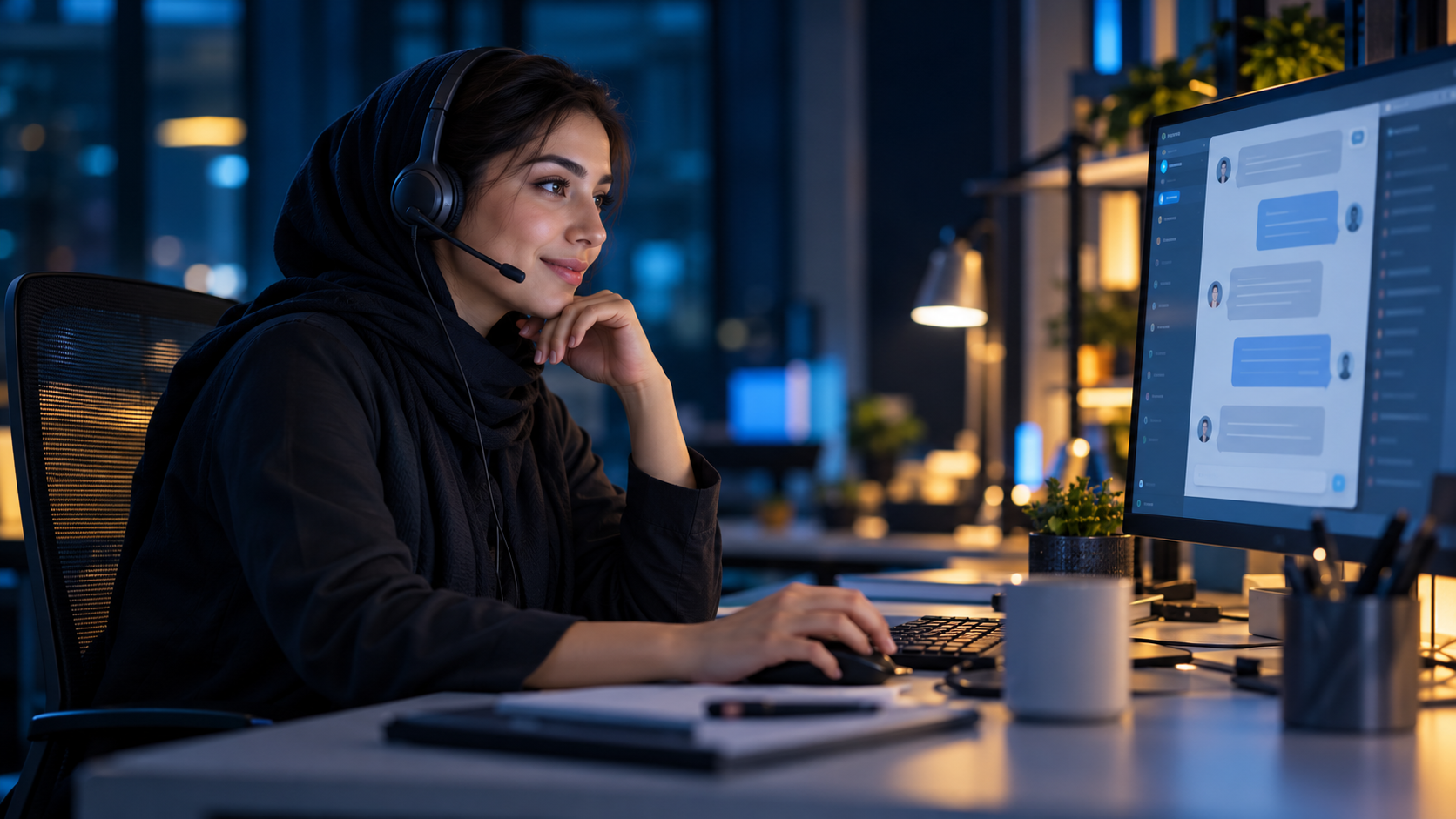 کارشناس پشتیبانی در حال بررسی درخواست مشتری در محیط کاری