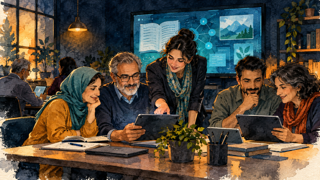 کلاس آموزشی با تمرکز بر یادگیری و ابزارهای دیجیتال